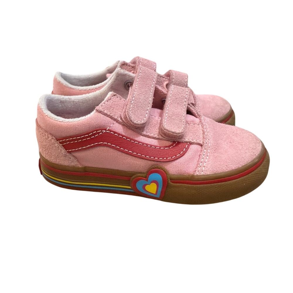 NWOT Vans Old Skool V Pink Heart Rainbow Velcro Sneakers, Toddler Size 7C